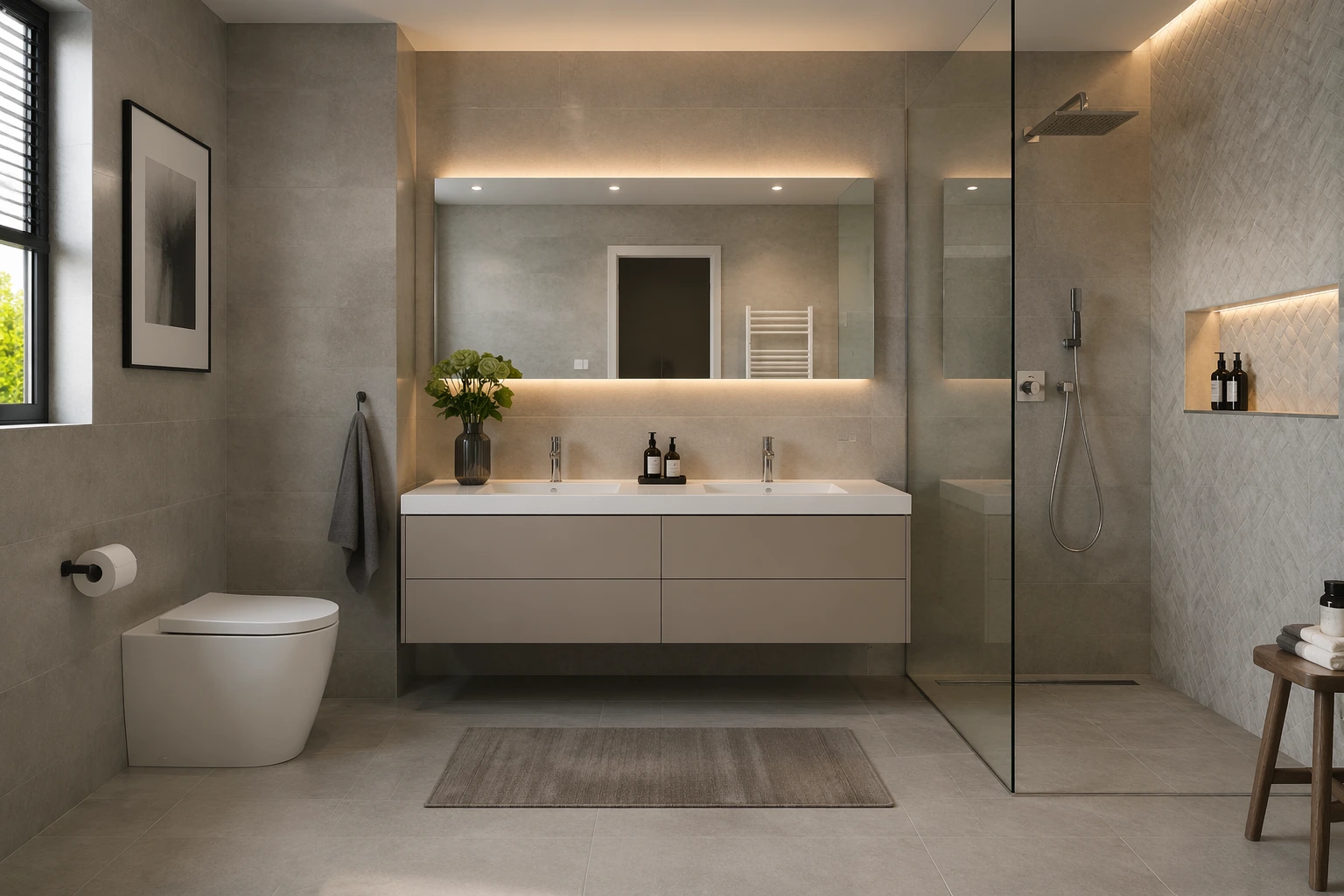 Modern bathroom with porcelain and ceramic tile walls used in shower area, floating vanity & walk-in glass shower