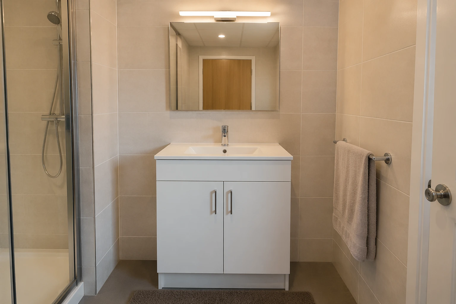 Bathroom with prefabricated vanity, mirror, walk-in shower, and beige tile walls