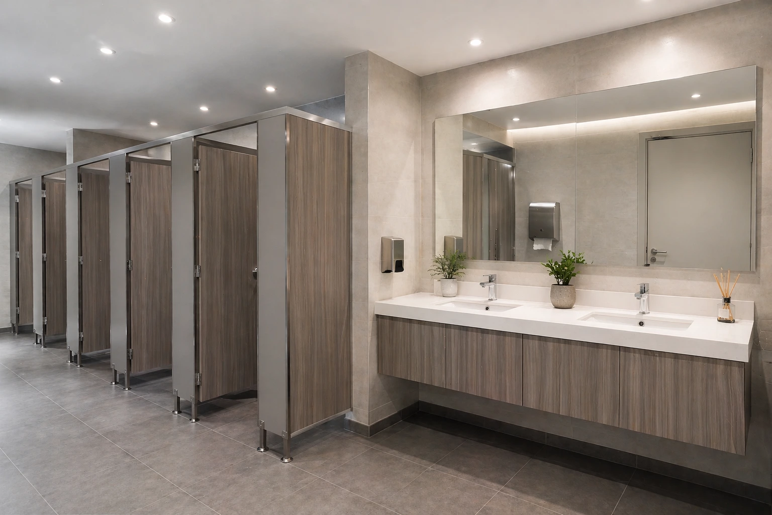 Modern commercial restroom with stall partitions, double sink vanity, large mirror, and neutral tile design