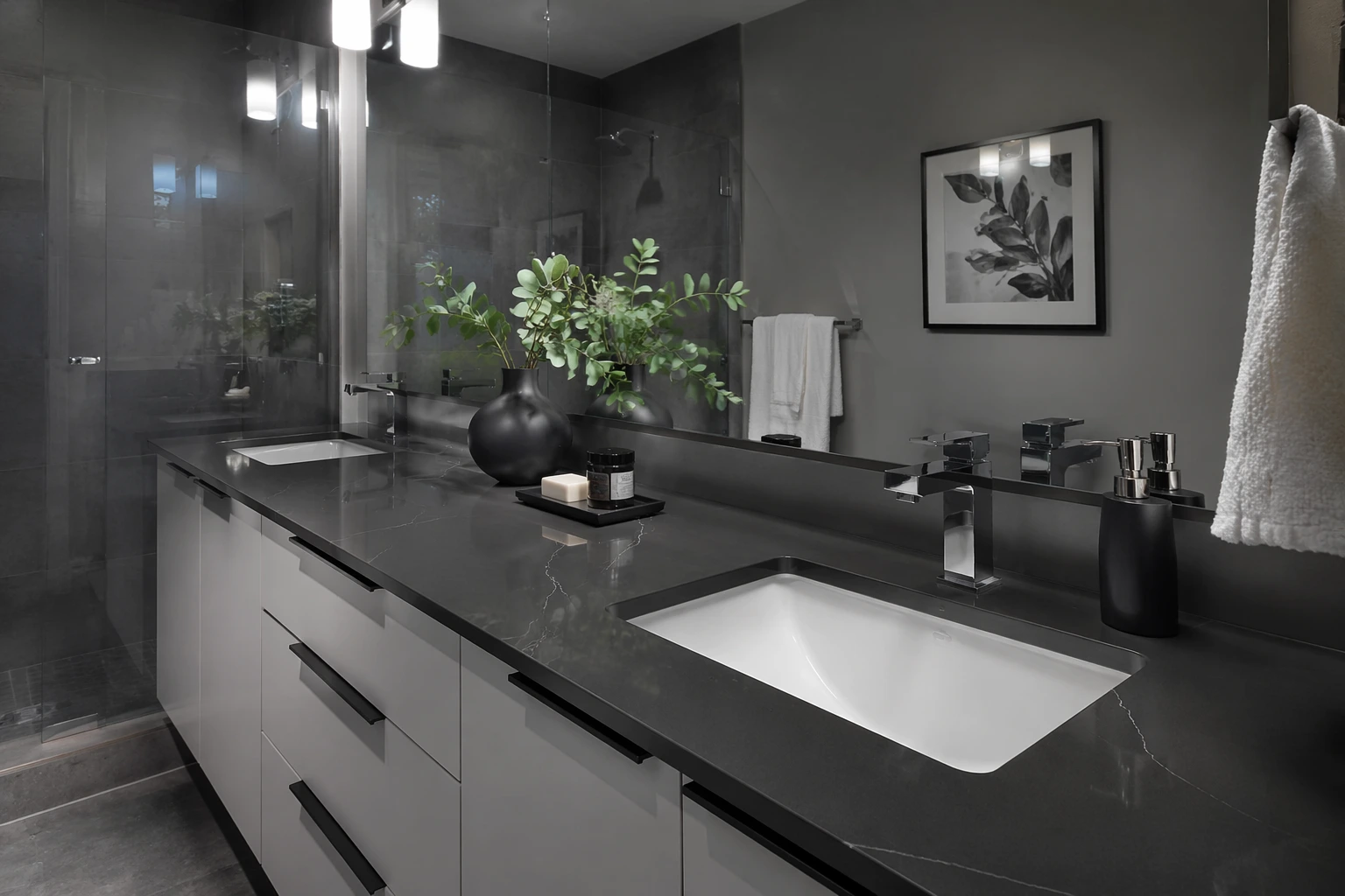 Modern bathroom with double vanity, quartz countertop, black fixtures, and walk-in shower