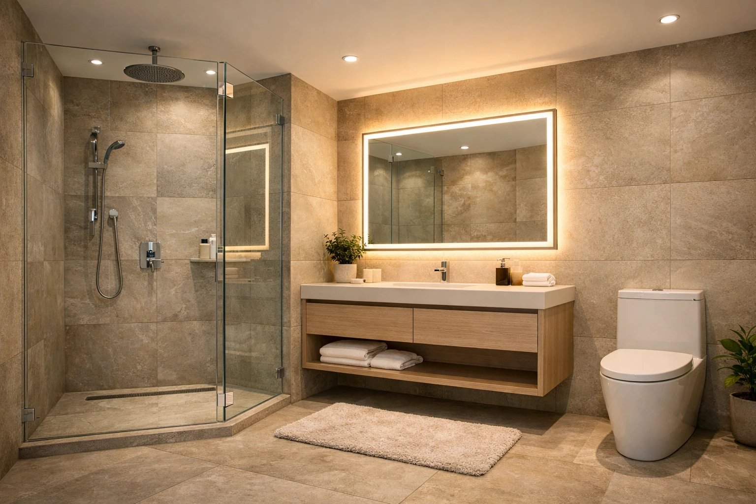 Modern bathroom with walk-in glass shower, floating vanity, LED mirror, toilet, and beige stone tiles