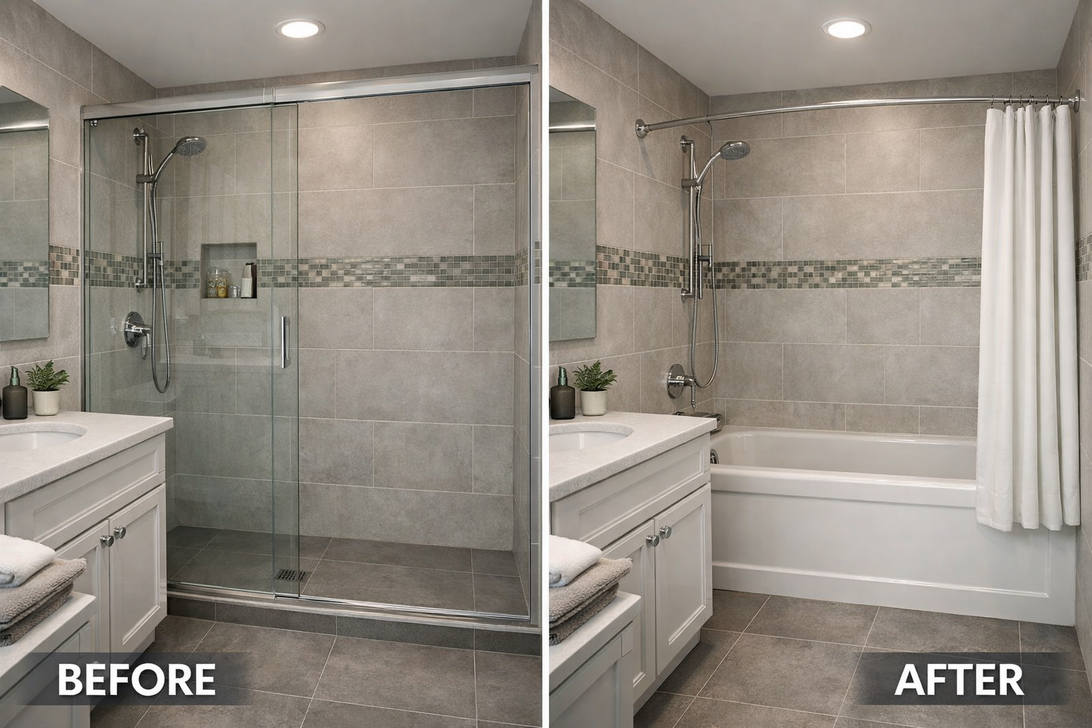 Bathroom remodel before and after with shower replaced by bathtub, updated tiles, and modern fixtures
