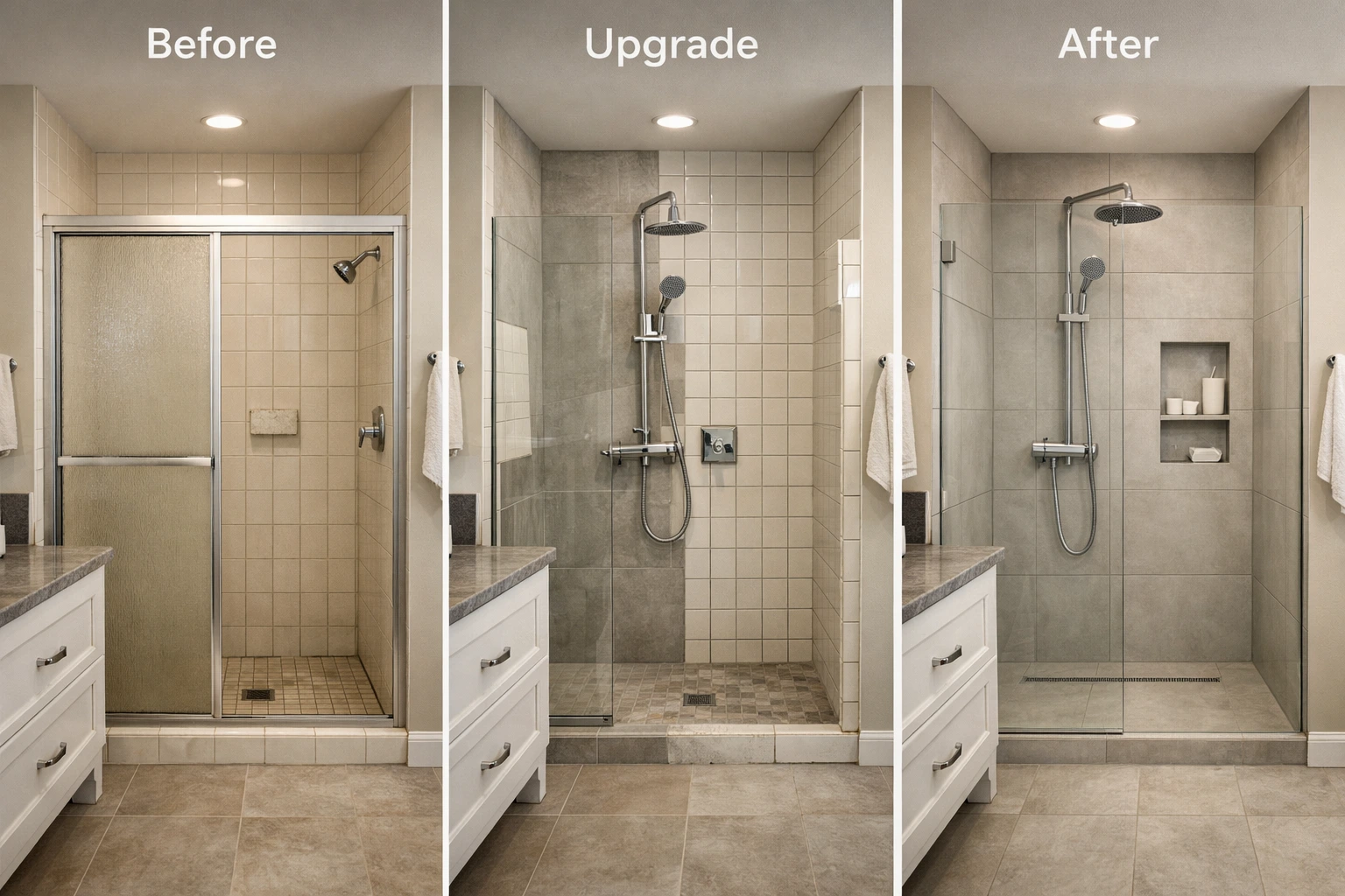Shower upgrade in Arlington CA before and after remodel with walk in glass shower and modern tile