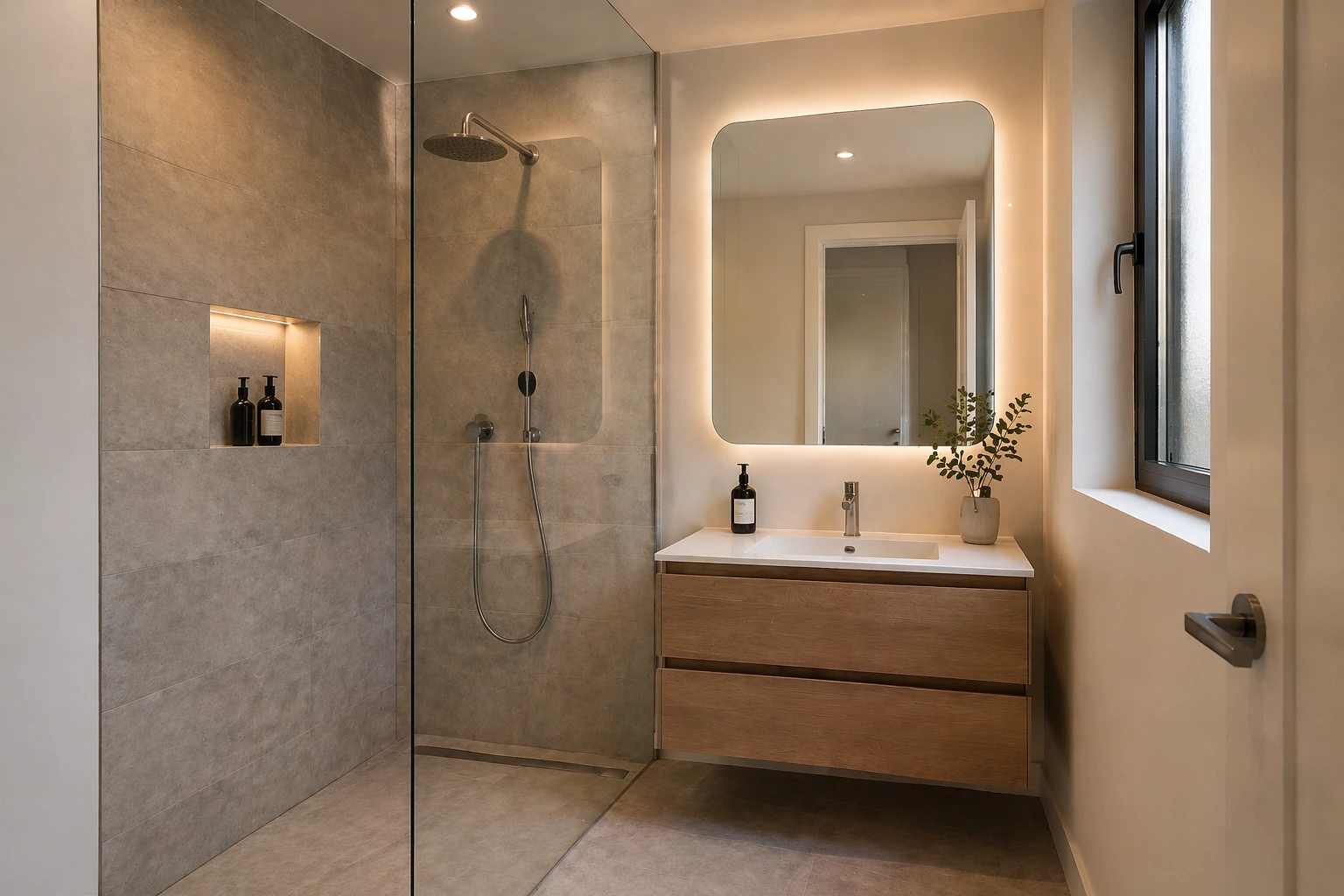 Modern bathroom with walk-in glass shower, floating wood vanity, LED mirror, and neutral stone tiles