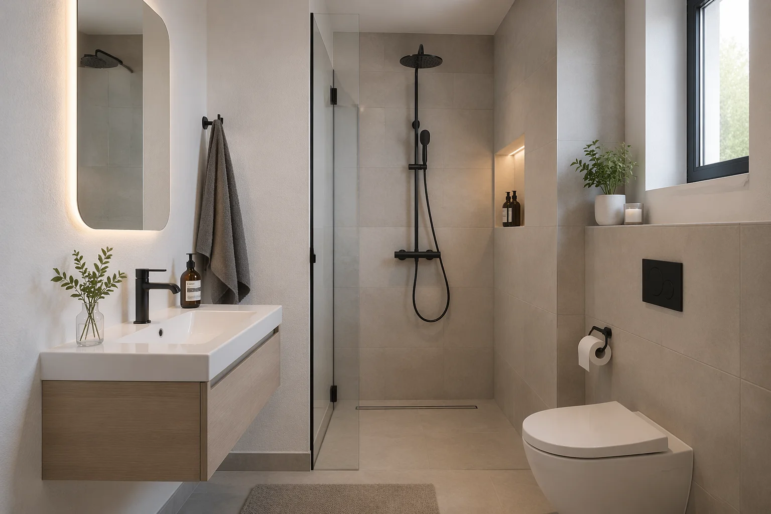 Small modern bathroom in Riverside CA with floating vanity, walk-in shower, neutral tile layout