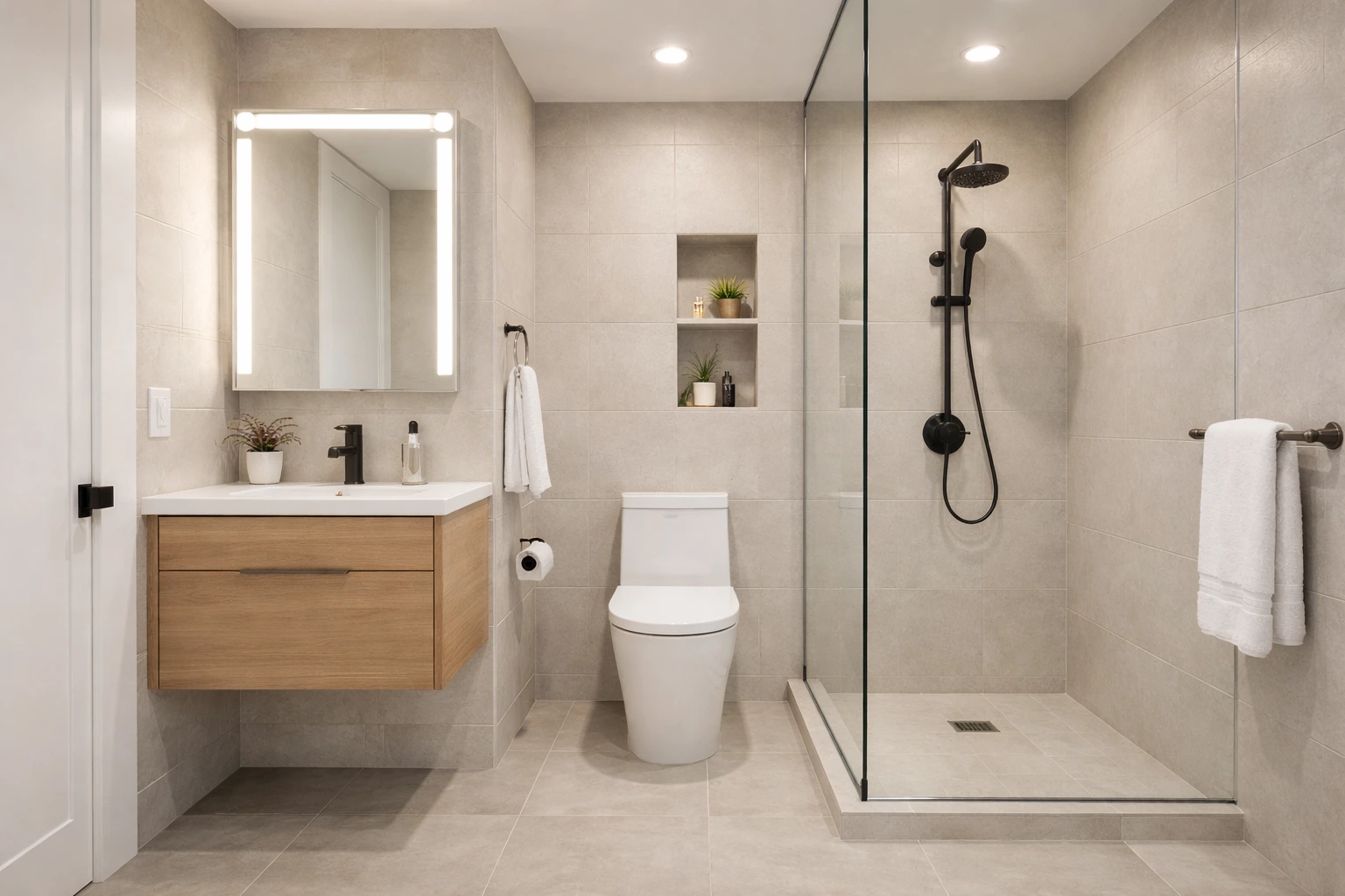 Small bathroom remodel in Arlington CA with floating vanity, walk in shower and built in wall niche