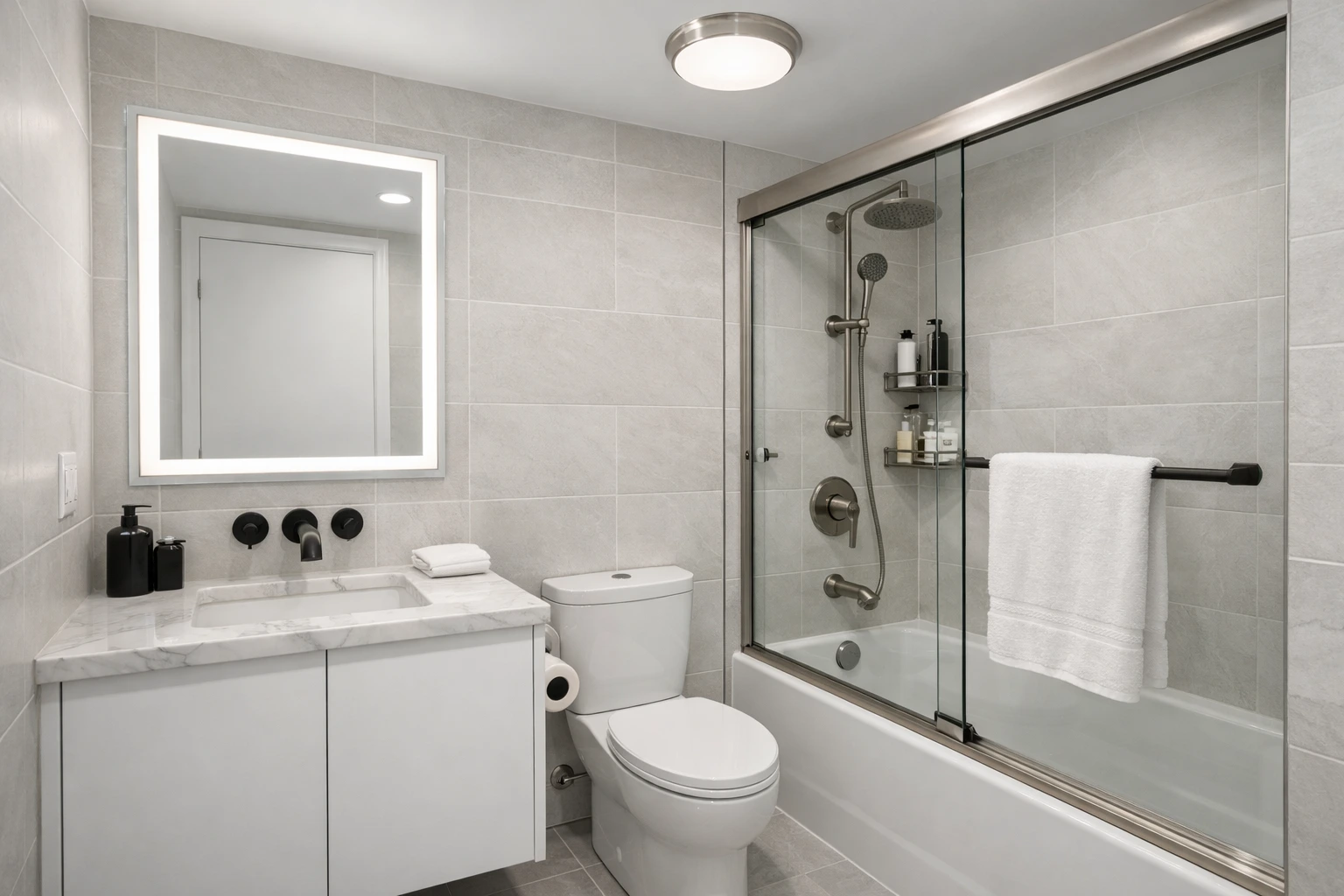 Small bathroom remodel in Arlington CA with compact vanity, tub shower combo and modern tile layout