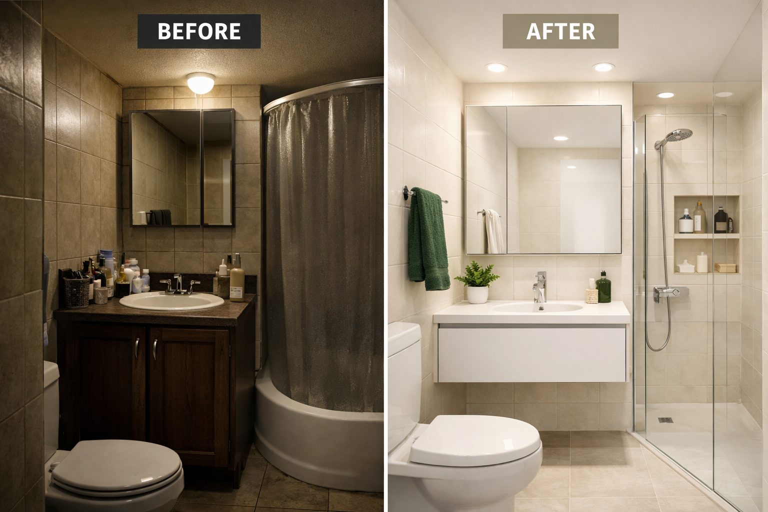Small bathroom remodel in San Ramon before and after showing compact space upgrade with modern vanity, lighting, and shower
