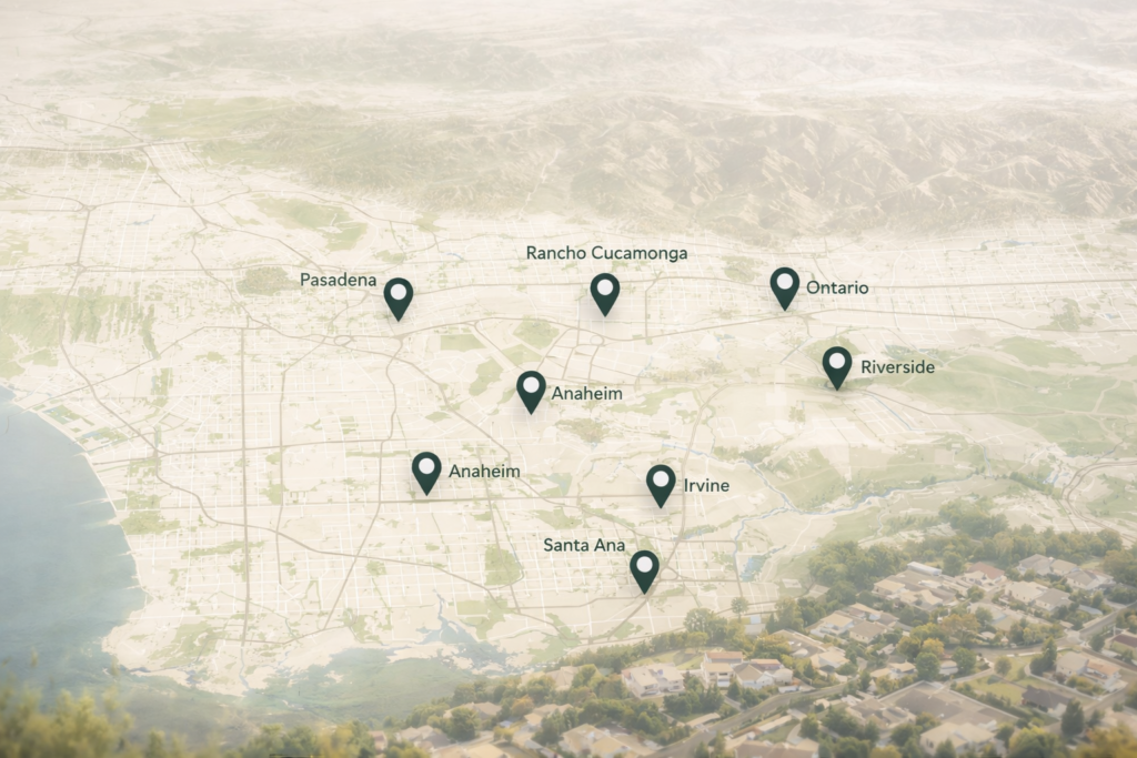 Southern California service area map showing Riverside, Pasadena, Anaheim, Irvine, Santa Ana, Ontario, and Rancho Cucamonga