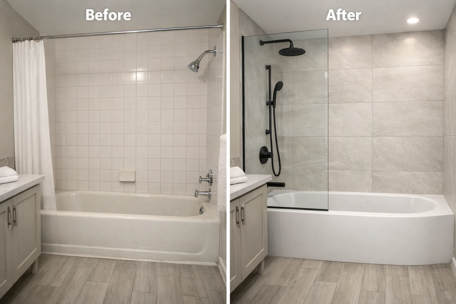 Tub replacement in Arlington CA before and after remodel with modern bathtub and glass shower screen