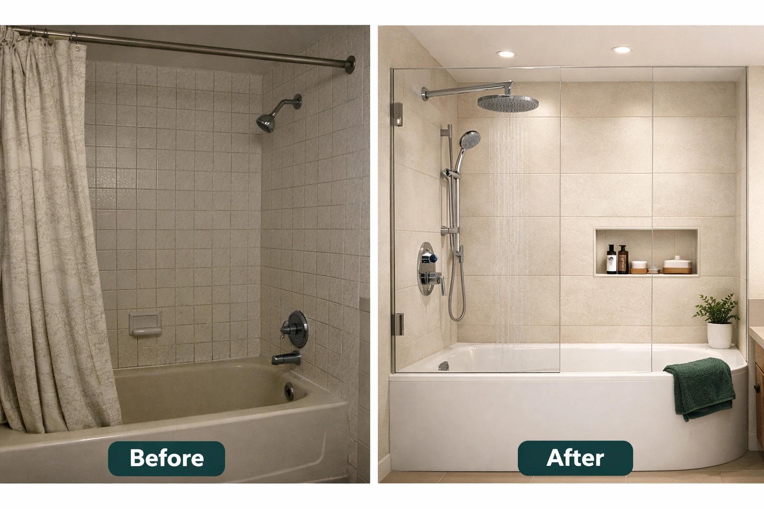 Tub and shower installation before and after in San Ramon showing upgraded bathtub, tile walls, and modern shower system
