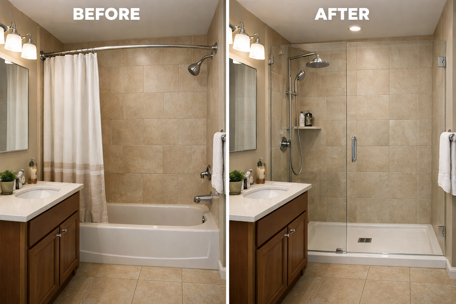 Bathroom remodel before and after with tub replaced by glass shower, updated tiles, and modern fixtures