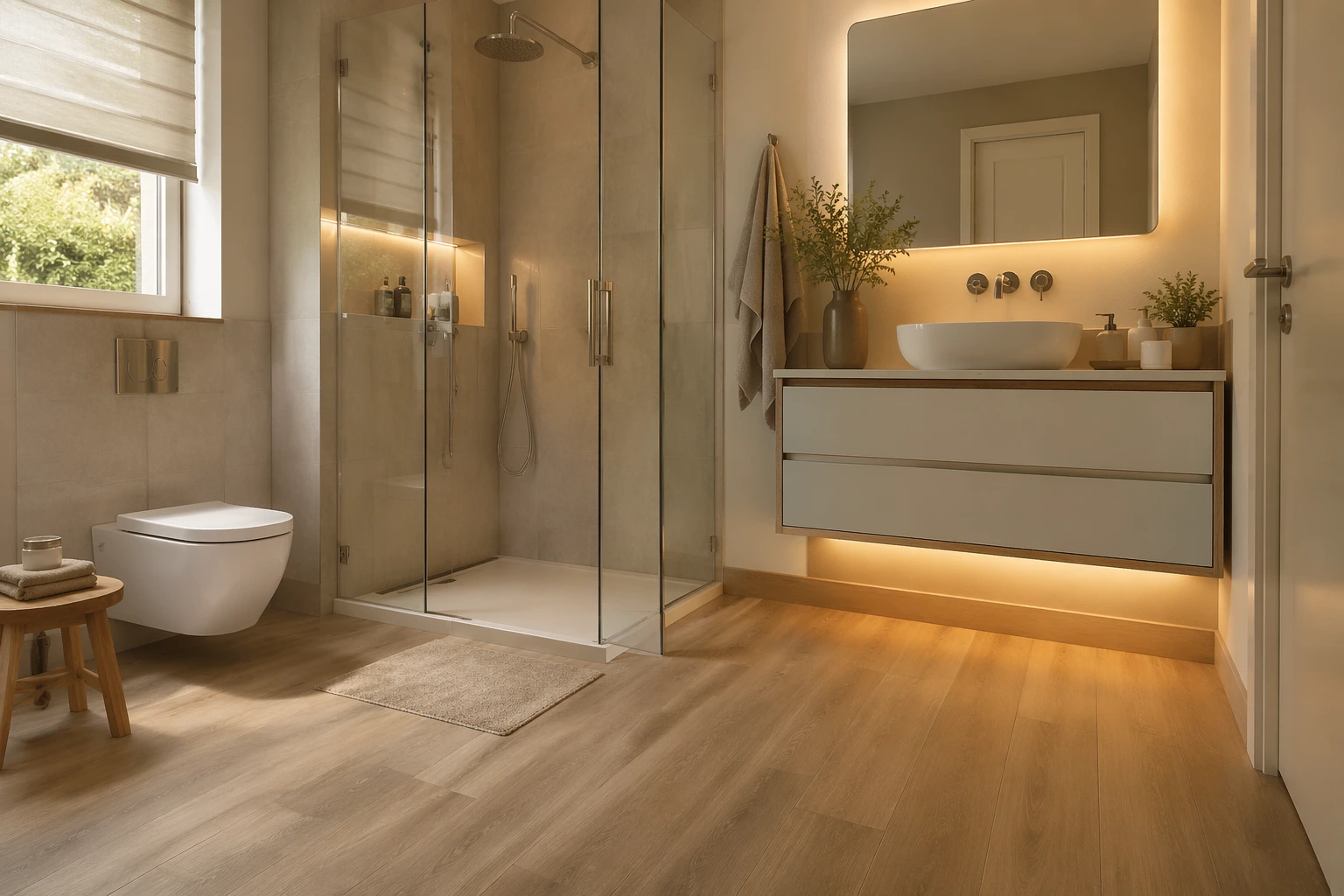 Modern bathroom with vinyl tile flooring, floating vanity, and walk-in glass shower in a warm minimalist design