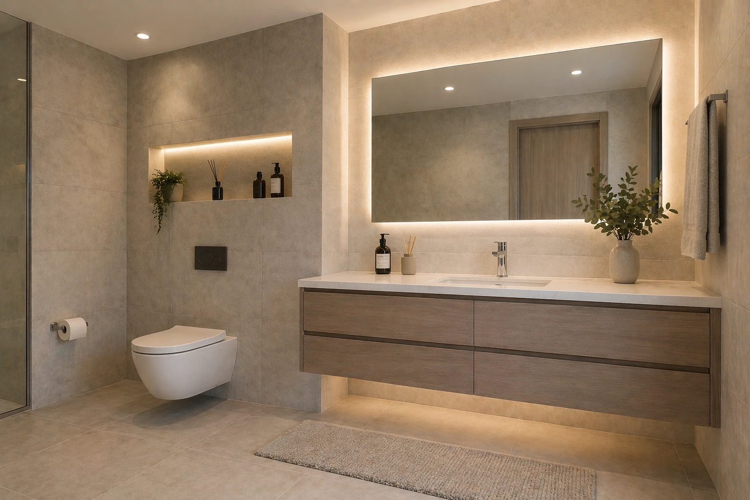 Modern bathroom with floating wood vanity, LED mirror, wall-mounted toilet, and beige tile walls